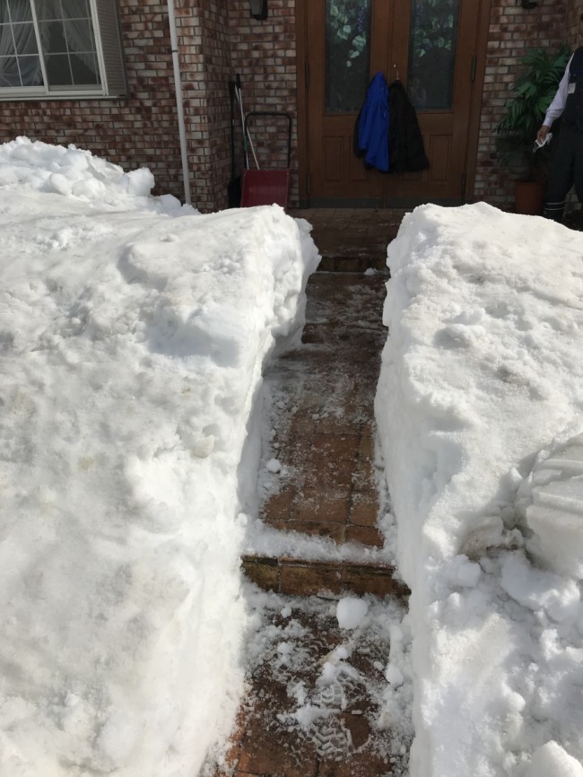 玄関前は屋根からの雪で１ｍ近く積もっています。表面が氷で捗りません。